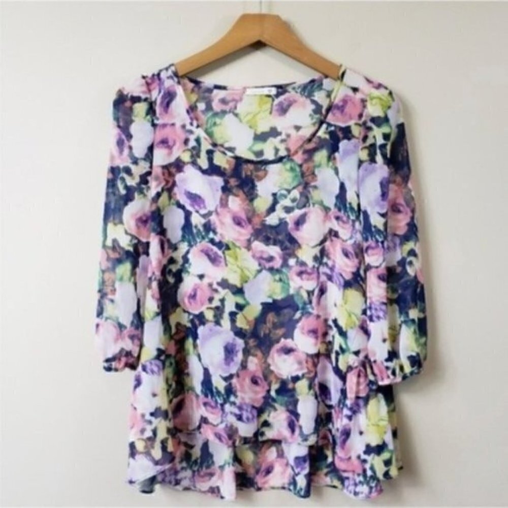 Soprano Cottagecore Pink Purple Semi-Sheer Floral 3/4 Sleeve Blouse Size XS